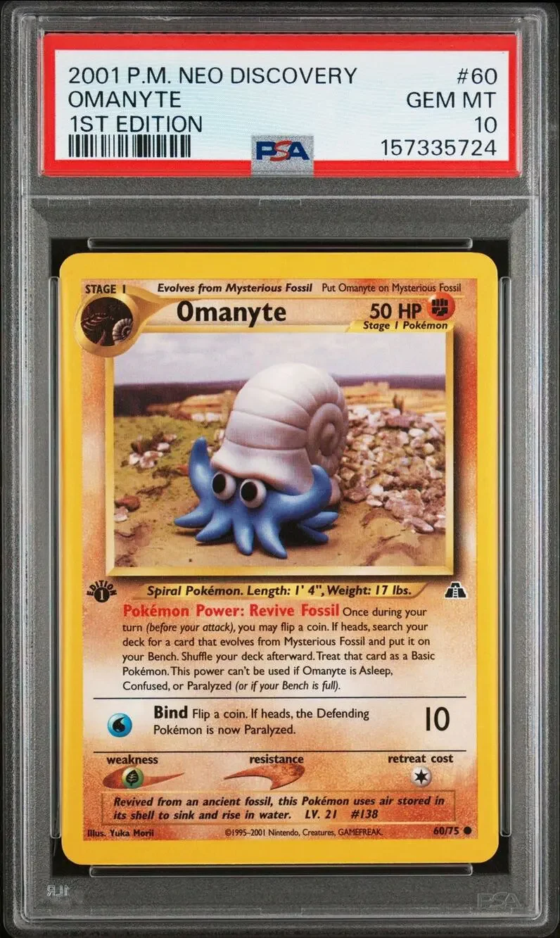 PSA 10 GEM MINT Omanyte 1st Edition 60/75 Pokémon 2001 Neo Discovery Yuka Morii